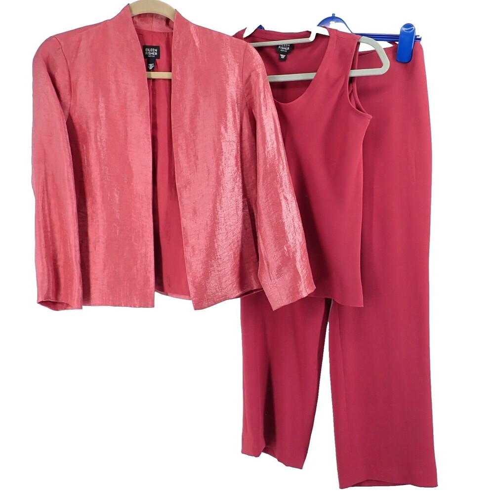 Eileen Fisher 3 Piece Set Size PP Petite Metallic Pink Linen Blazer Top Pants